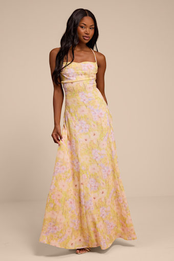 Chelly Yellow Multi Floral Lace-Up Maxi Dress 1