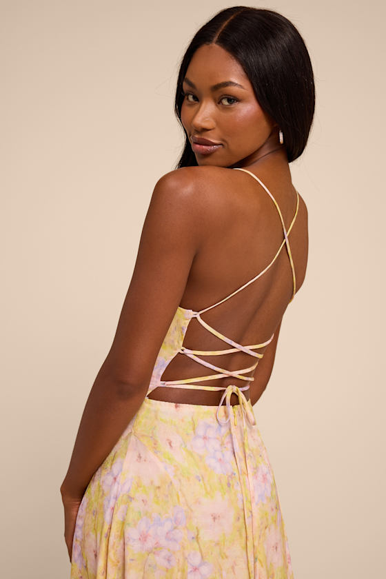 Yellow Multi Floral Dress - Lace-Up Maxi Dress - A-Line Dress - Lulus