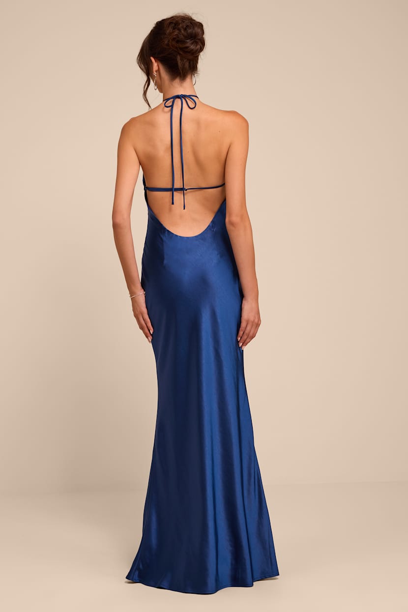 navy blue backless dress Short Beaded Low V-Neck Party -PromGirl Platinum / 12 Sleeveless 6 Lulus | Navy Satin Halter