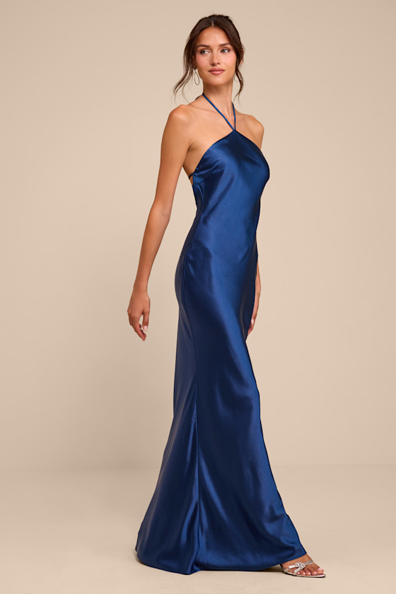 Roya Navy Satin Halter Backless Maxi Dress - thumbnail 4