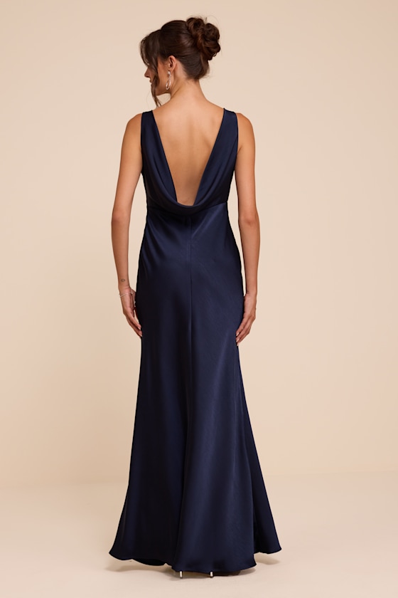 Hatley Navy Satin Cowl Back Maxi Dress - thumbnail 4