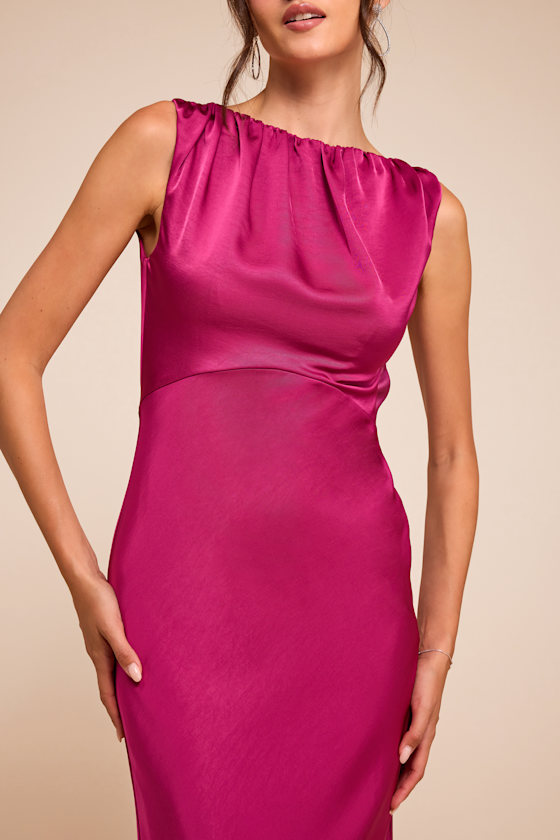 Perla Magenta Satin Boat Neck Maxi Dress 2