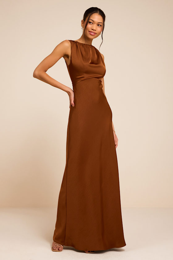 Perla Brown Satin Boat Neck Maxi Dress 1