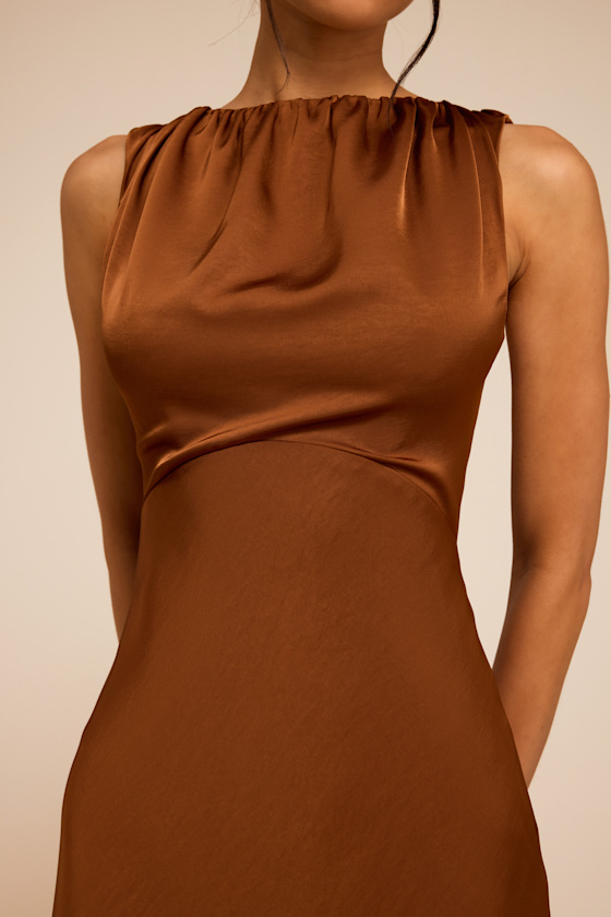 Perla Brown Satin Boat Neck Maxi Dress 2