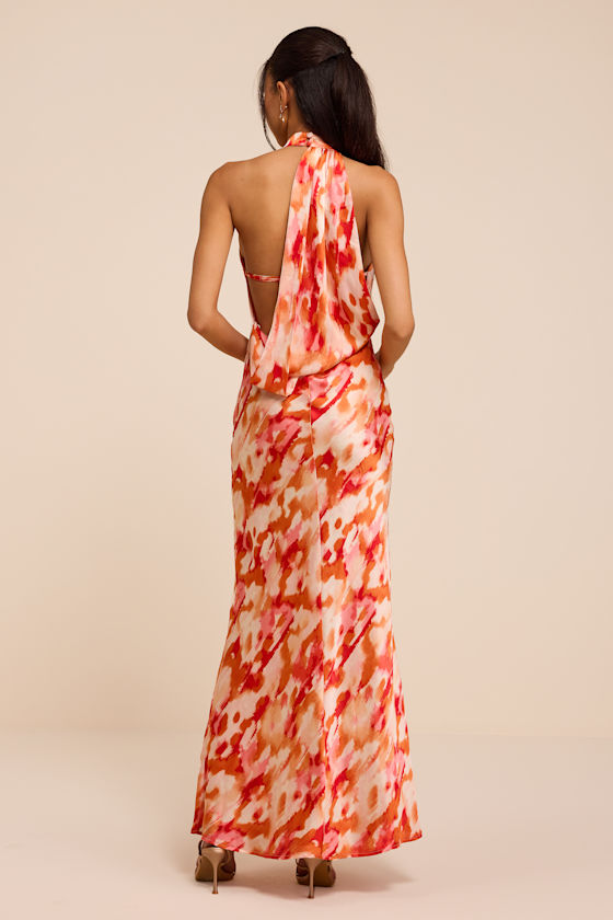 Liliyana Orange Multi Print Satin Maxi Dress - thumbnail 4