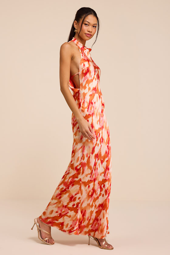 Liliyana Orange Multi Print Satin Maxi Dress - thumbnail 5