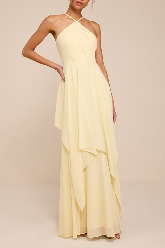 Aletta Pale Yellow Tiered Halter Maxi Dress 2