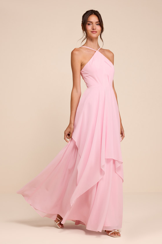 Aletta Light Pink Tiered Halter Maxi Dress 4