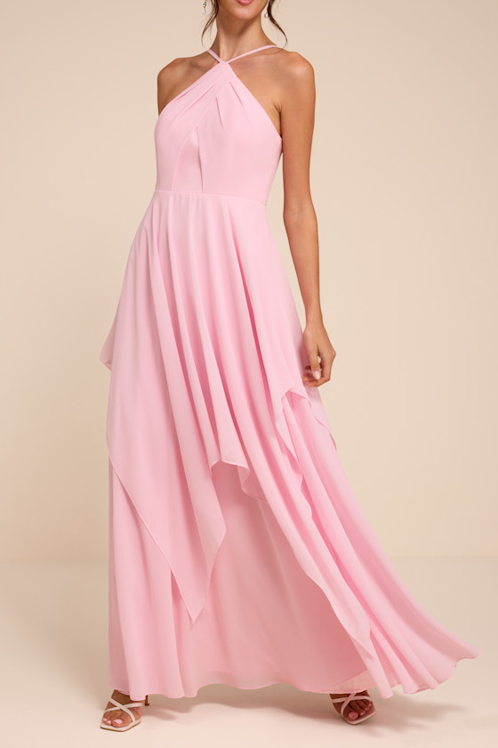 Aletta Light Pink Tiered Halter Maxi Dress - thumbnail 3