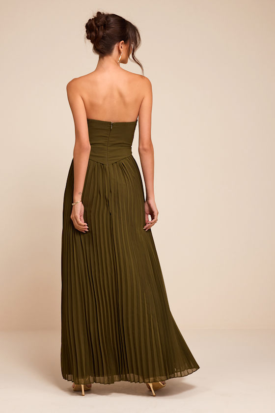 Zea Olive Green Pleated Drop Waist Maxi Dress - thumbnail 3