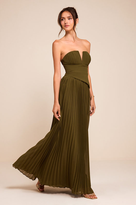 Zea Olive Green Pleated Drop Waist Maxi Dress - thumbnail 4