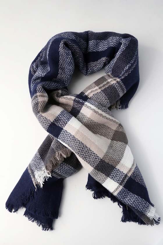 Cute Navy Blue Plaid Scarf - Square Scarf - Acrylic Scarf - Lulus
