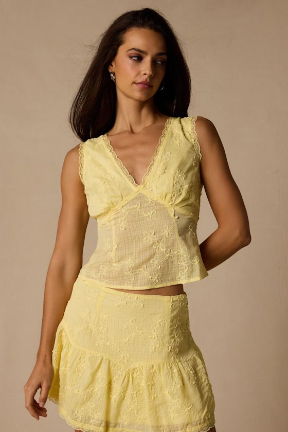 Dessie Light Yellow Embroidered Tie-Back Tank Top 1