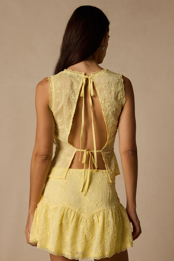 Dessie Light Yellow Embroidered Tie-Back Tank Top 2