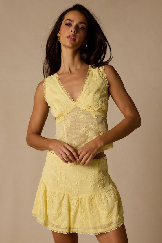Dessie Light Yellow Embroidered Mini Skirt 1