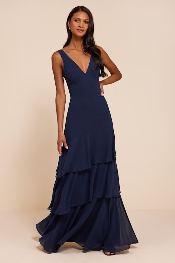 Navy Chiffon Dress - Tiered Maxi Dress - Lace-Up Maxi Dress - Lulus