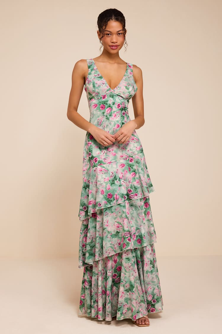 Green Somerset Sage Multi Floral Tiered Maxi Dress | Womens | Large (Available in XS, M, XL) | 100% Polyester