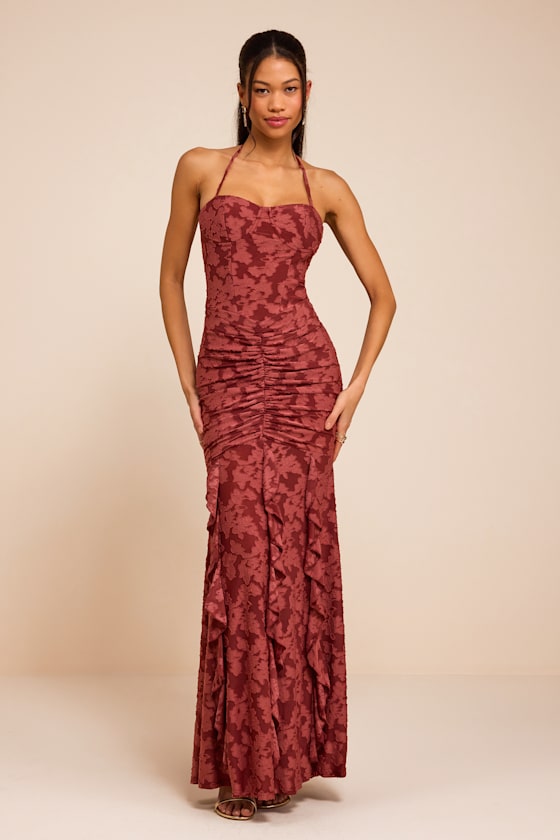Image of Dimona Rusty Rose Floral Burnout Ruched Maxi Dress
