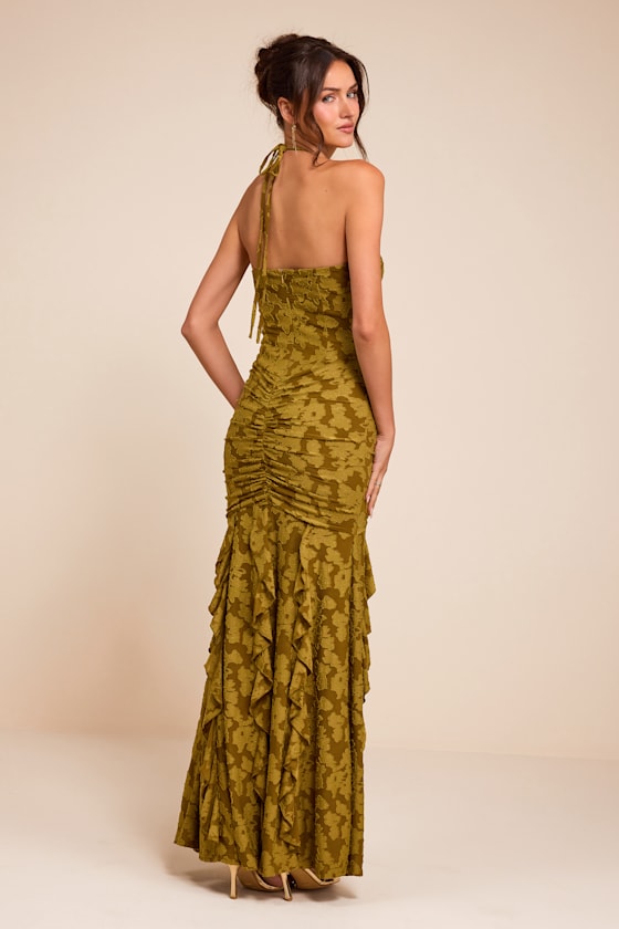 Dimona Olive Floral Burnout Ruched Maxi Dress - thumbnail 3