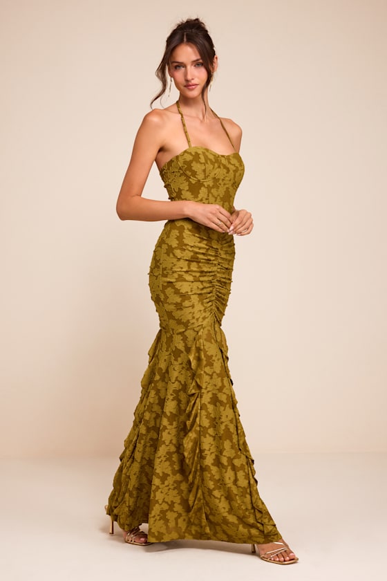 Dimona Olive Floral Burnout Ruched Maxi Dress - thumbnail 4