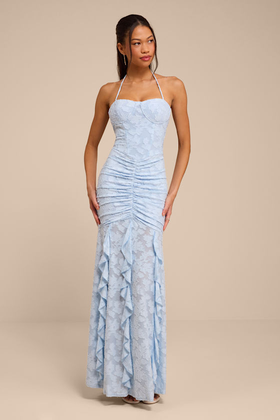 Dimona Light Blue Floral Burnout Ruched Maxi Dress 1