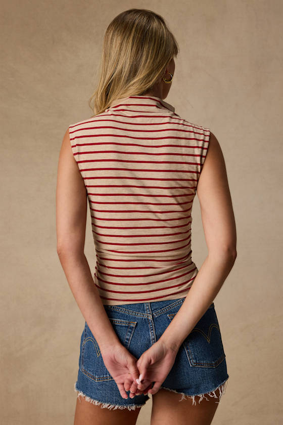 Krisella Beige and Red Striped Mock Neck Top 2