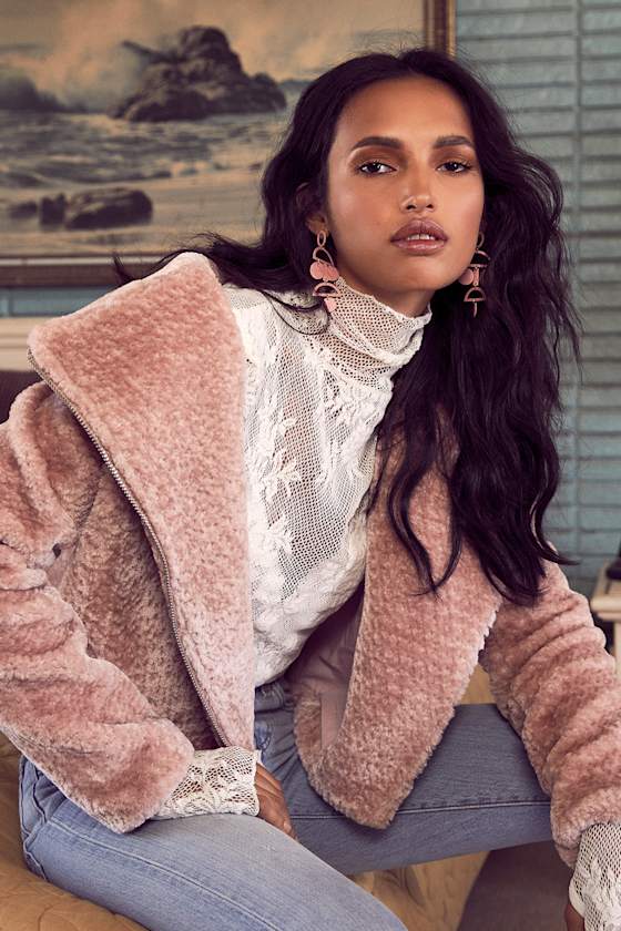 Cozy Business Blush Pink Faux Fur Moto Jacket 5