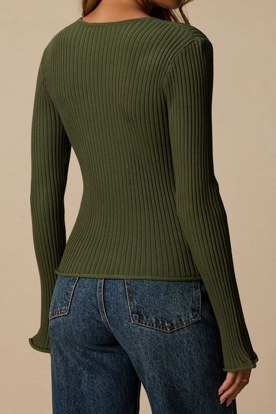 Pruett Olive Green Ribbed Knit Long Sleeve Top 2