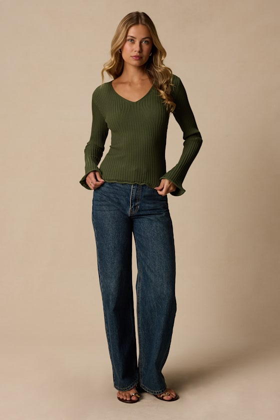 Pruett Olive Green Ribbed Knit Long Sleeve Top - thumbnail 3