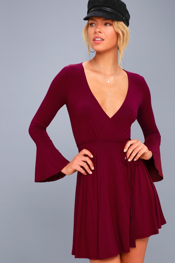 Cute Burgundy Dress - Wrap Dress - Flounce Sleeve Dress - Lulus