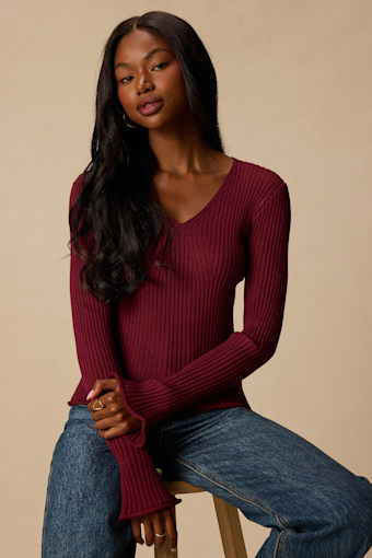 Pruett Burgundy Ribbed Knit Long Sleeve Top 1
