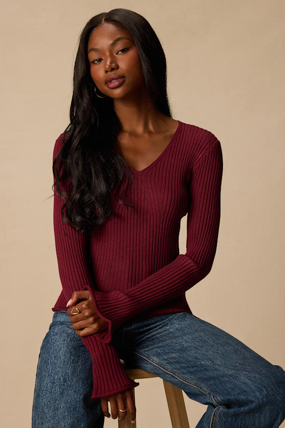 Pruett Burgundy Ribbed Knit Long Sleeve Top 1