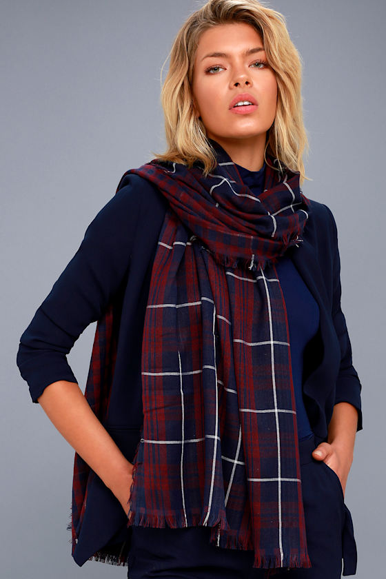 Let it Snow Navy Blue and Burgundy Plaid Scarf 2