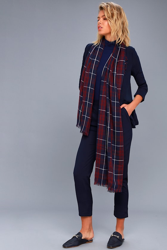 Let it Snow Navy Blue and Burgundy Plaid Scarf 3