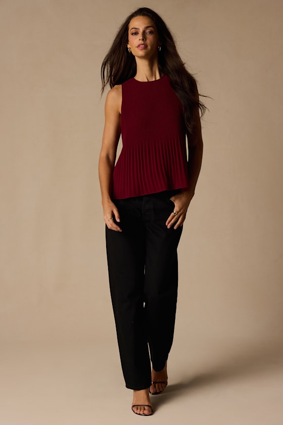 Eleanor Wine Red Lace Pleated Tank Top - thumbnail 3