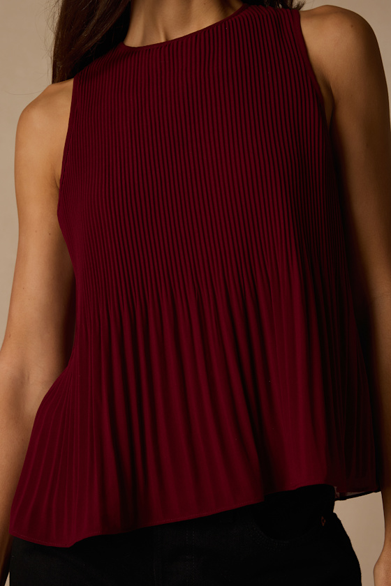 Eleanor Wine Red Lace Pleated Tank Top - thumbnail 5