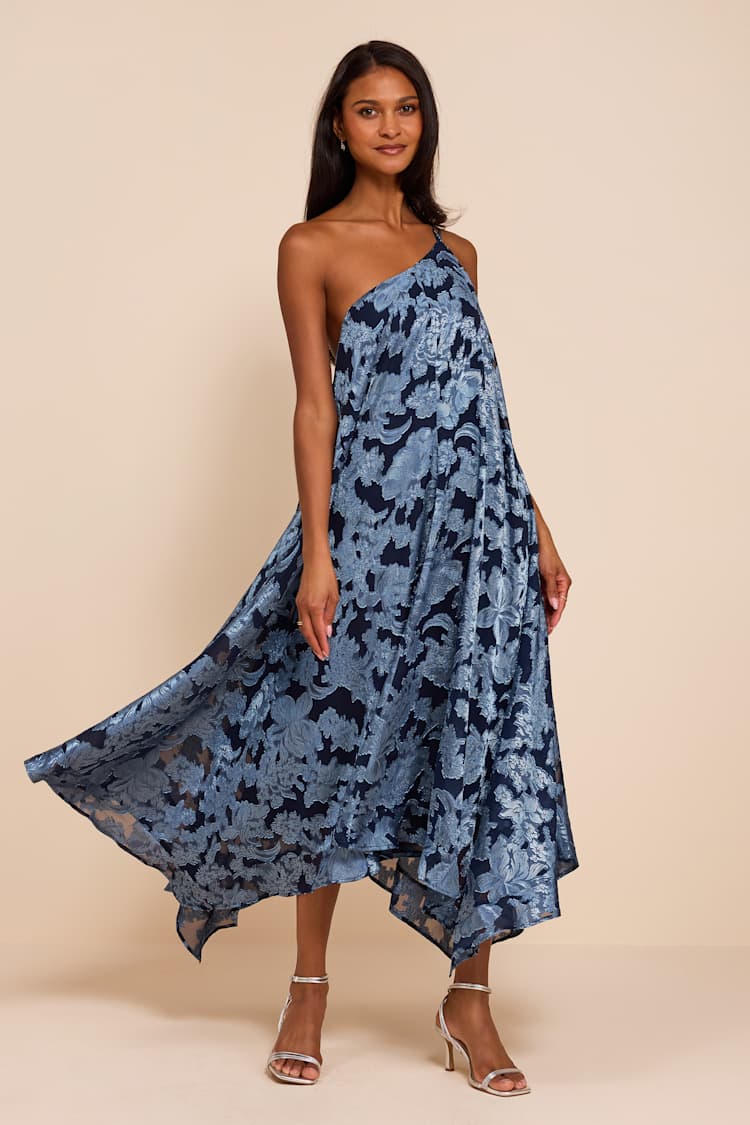 jacquard floral asymmetrical long dress Navy One-Shoulder Shift Midi | Womens | Small (Available in L, XL) | 100% Polyester NWT Everlane Organic Cotton SS25Launch2 perfect for celebrating your Size:10 US (42 EU)