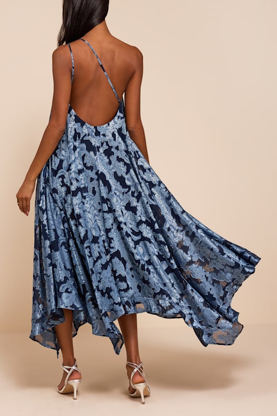 Navy Floral Jacquard Dress - Shift Midi Dress - One-Shoulder Midi