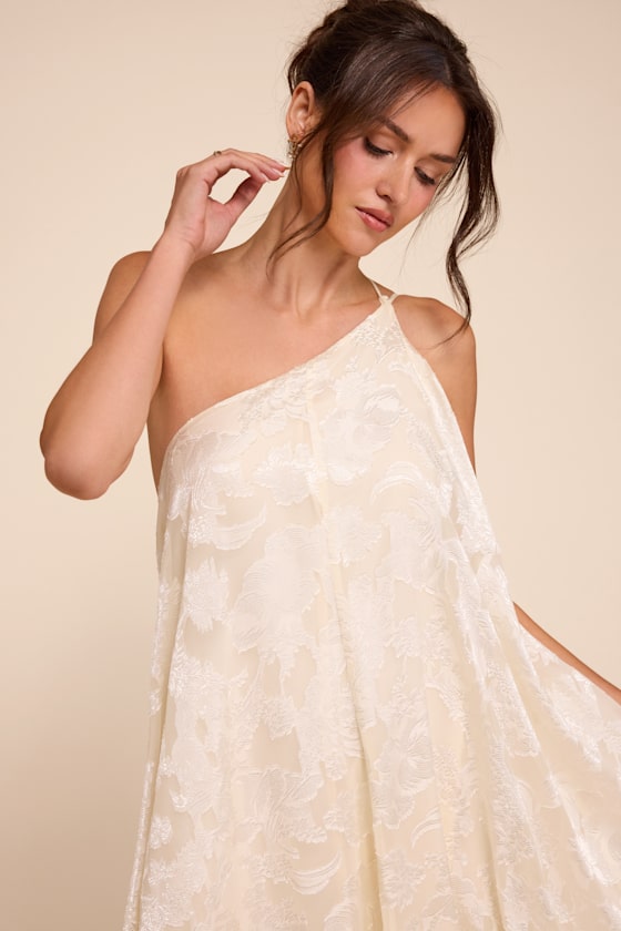 Ivory Floral Jacquard Dress - Shift Dress - One-Shoulder Midi - Lulus