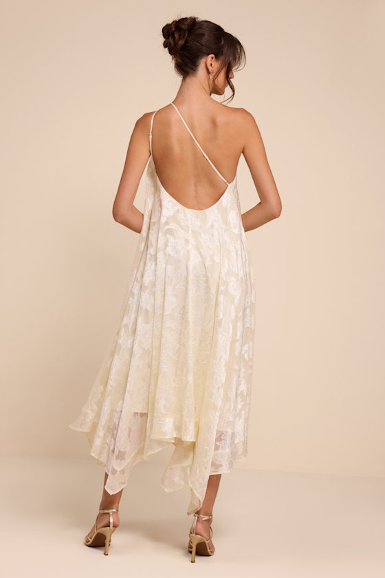 ワンピース Classic Floral Jacquard Dress ecru S Ivory Floral Jacquard Dress - Shift Dress - One-Shoulder Midi - Lulus