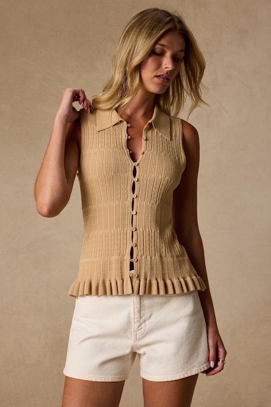 Image of Sana Beige Textured Sweater Knit Tank Top
