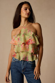 Nolia Light Green Multi Floral Tiered Halter Top 1