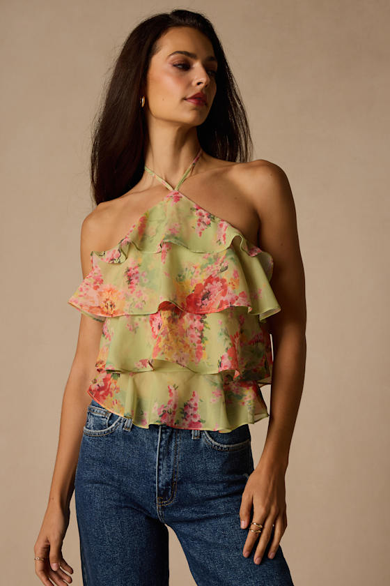 Nolia Light Green Multi Floral Tiered Halter Top 1