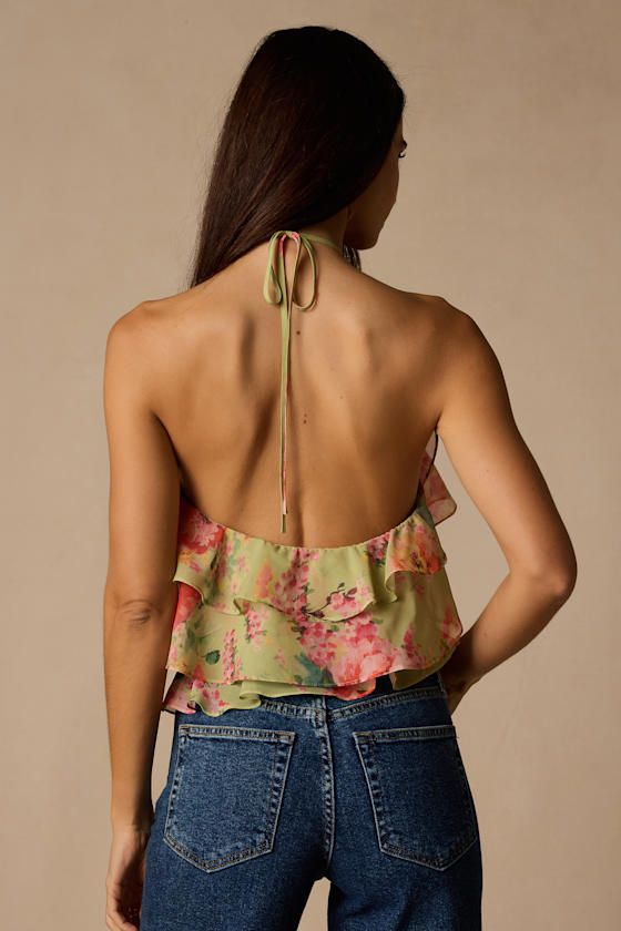 Nolia Light Green Multi Floral Tiered Halter Top 2