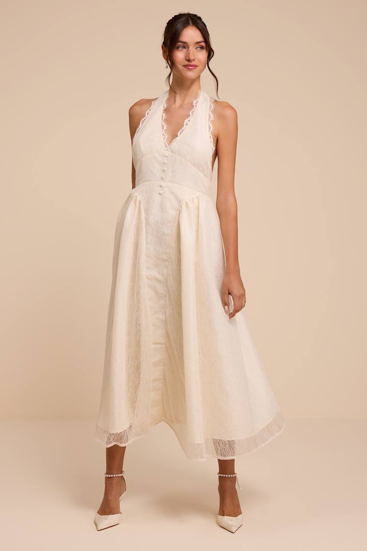 Ivory Lace Halter Midi Dress | Womens | Large (Available in XS, S, M, XL) | 100% Polyester