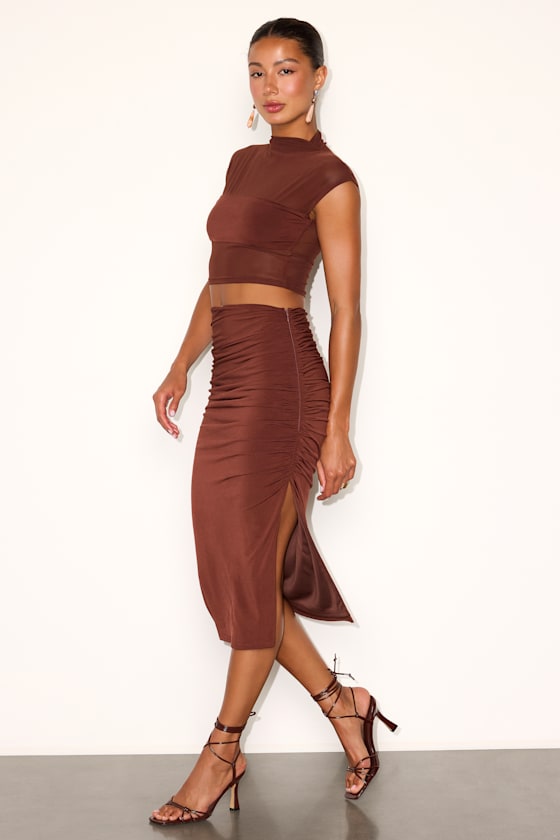 Kiara Brown Mesh Two-Piece Midi Dress - thumbnail 4