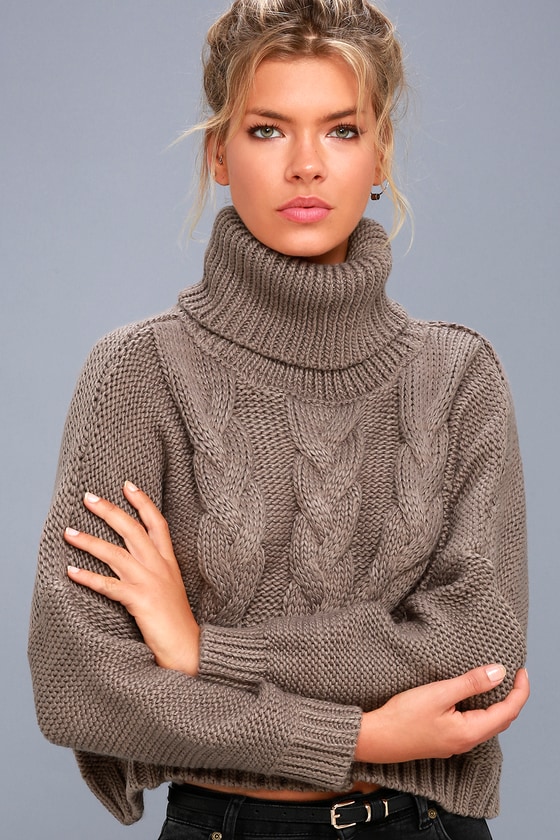 Hobie Taupe Cable Knit Cowl Neck Cropped Sweater