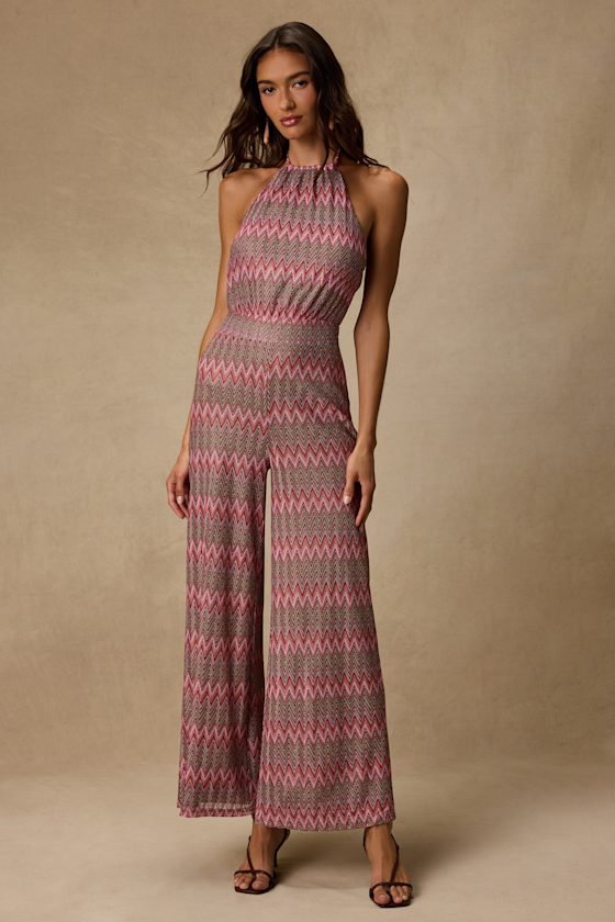 Shar Pink Multi Crochet Knit Backless Jumpsuit 1