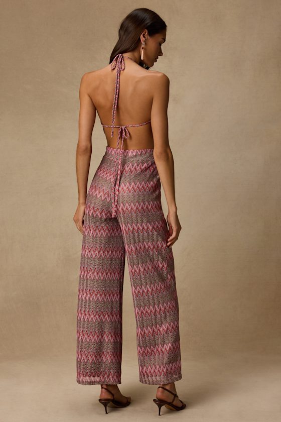 Shar Pink Multi Crochet Knit Backless Jumpsuit 2