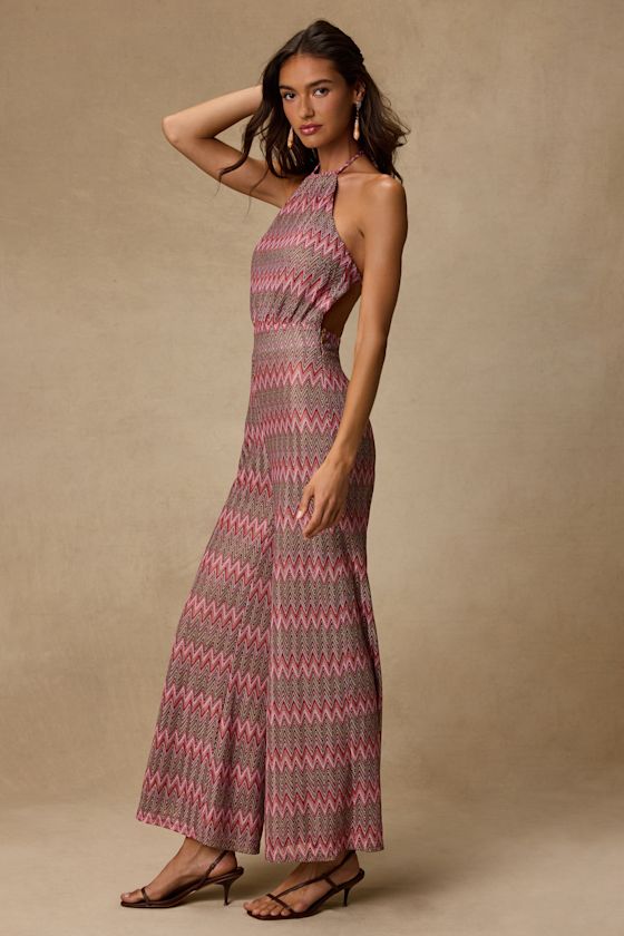 Shar Pink Multi Crochet Knit Backless Jumpsuit - thumbnail 3